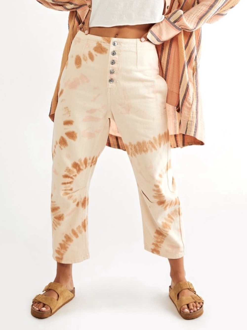 We The Free  / Free People Osaka Tie Dye Relaxed Barrel Jeans Cream/Tan Size 27